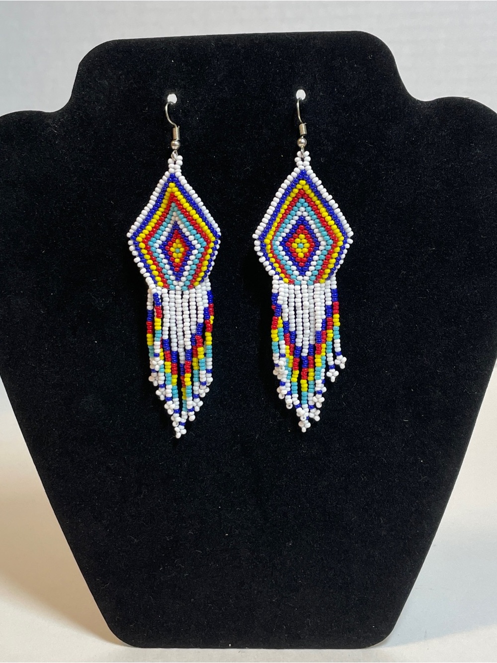 Native American Seed beaded earrings dangle, White, Yellow, Red, Blue 11 Strands
